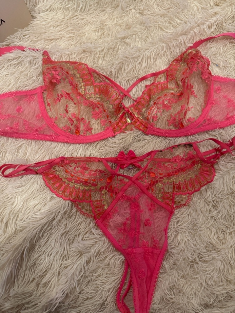 Honey Birdette Meika Hot Pink & Gold Sheer Embroidered Lace Bra 38D & Thong XL